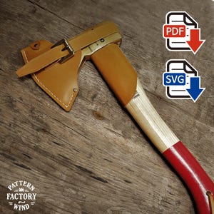 May include: A hatchet with a light-colored wooden handle featuring a red painted base, encased in a tan leather sheath with a metal buckle. The image includes PDF and SVG download icons and the text Pattern Factory Wind in the corner.