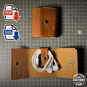 May include: A brown leather earbud case, open and closed, with white earbuds inside. The case is rectangular with a snap closure. The image also includes PDF and SVG icons with downward arrows.