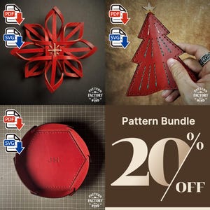 May include: A digital pattern bundle featuring a red leather star ornament, a red leather Christmas tree ornament with green stitching, and a red leather hexagonal tray with the initials JH embossed, including PDF and SVG file icons.