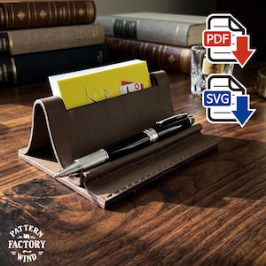 Leather Business Card Holder Pattern with Pen Rest – Desk Setup (PDF SVG)