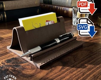 Leather Business Card Holder Pattern with Pen Rest – Desk Setup (PDF SVG)