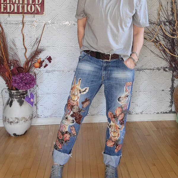 Kreolka patchwork jeans, Benetton brand jeans up-cycled with giraffe, llama and floral patches, distressed and frayed, reworked jeans