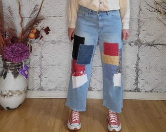 Kreolka high-rise culotte denim pants, re-worked light wash jeans with patchwork, Hollister brand size 15 or Large, frayed with raw hem