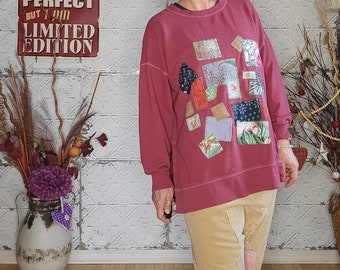 Oversized Patchwork Sweatshirt: Upcycled Cotton Pullover, Red Kreolka Top