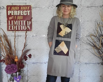 Patchwork Sweatshirt Dress: Upcycled Tunic with Pockets - Size Medium