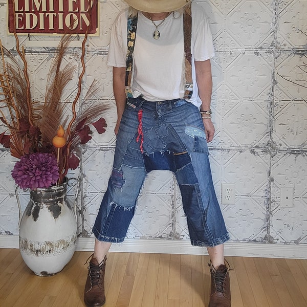 Kreolka dropped crotch Jeans, Diesel brand re-worked denim, patchwork jeans, light weight denim, distressed and frayed, tattered and worn