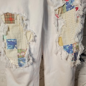 Upcycled Quilt Patchwork Overalls: Frayed White Denim Dungarees (Size Medium)