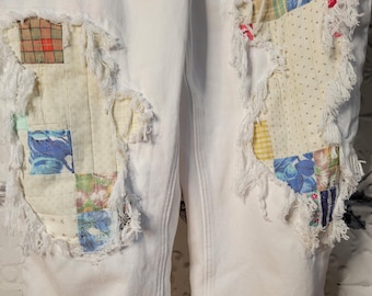 Upcycled Quilt Patchwork Overalls: Frayed White Denim Dungarees (Size Medium)