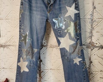 Distressed Jeans with Silver Star Applique - Upcycled Denim Pants (36x30)