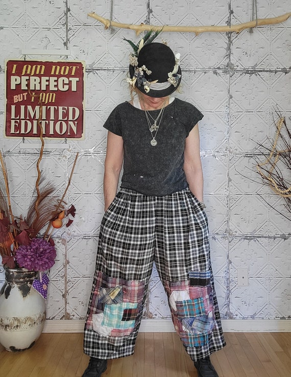 Kreolka Plaid Wide Leg Pants Patchwork Comfy Trousers Distressed Frayed and Bleached Patches Lounge Black and Grey Pants Handmade Etsy