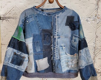 Denim Patchwork Pullover: Handmade Salvaged Jean Top, Grungy Wearable Art