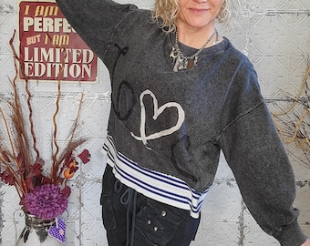 Kreolka 'LOVE' pullover, up-cycled grey sweatshirt, oversized top with applique, grungy relaxed fit bohemian pullover