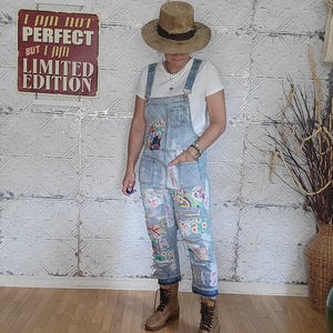 Ripped Denim Overalls: Upcycled Cats & Floral Patchwork, Distressed Dungarees