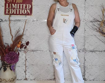 Upcycled Quilt Patchwork Overalls: Frayed White Denim Dungarees (Size Medium)
