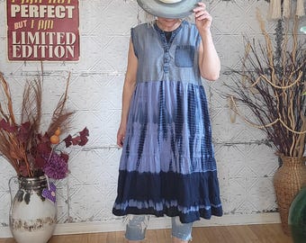 Tie Dye Denim Dress: Upcycled Sleeveless Cotton Sundress (Size M-L)
