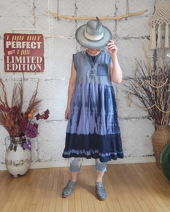 Tie Dye Denim Dress: Upcycled Sleeveless Cotton Sundress (size M-L)