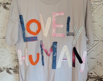 Upcycled 'Lovely Human' T-Shirt, Oversized Boho Grunge Tee, Re-worked Top