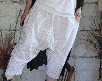 Pantalones bombachos de algodón con estampado de estrellas hechos a mano, estilo boho lagenlook.