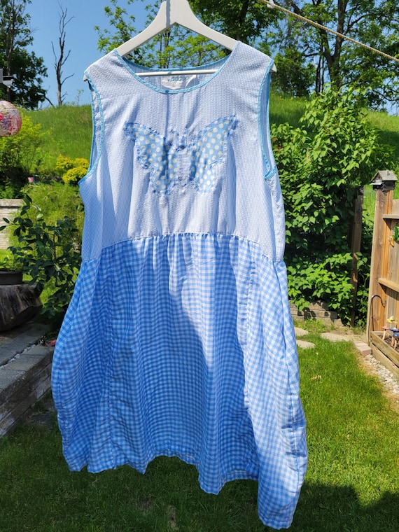 Handmade Blue Gingham Patchwork Dress: Sleeveless Cotton Summer Dress Handmade Blue Gingham Patchwork Dress: Sleeveless Cotton Summer Dress
