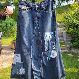Kreolka True Religion tattered and torn denim skirt, patchwork, pockets, frayed, distressed by time, worn out, artfully destroyed, long