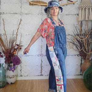 Upcycled GAP Denim Overalls with Vintage Quilt Patchwork Panels — One of a Kind Boho Style — Size L/XL