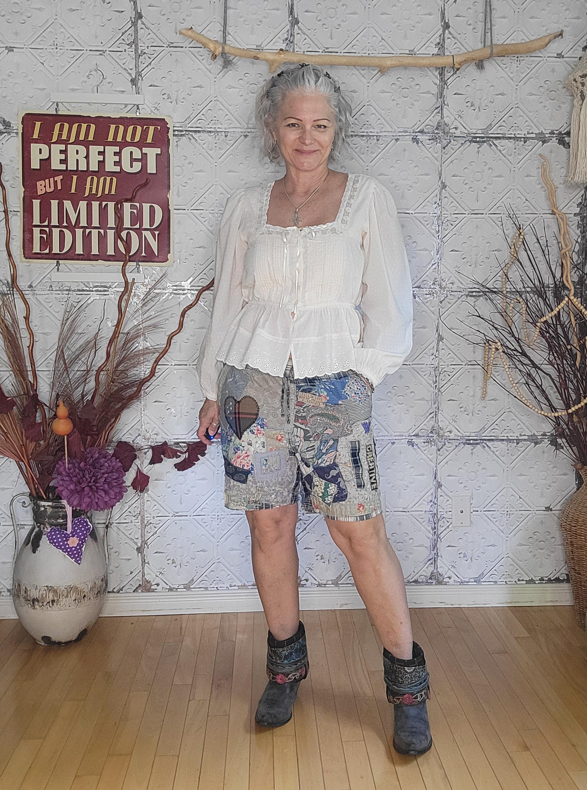 Upcycled Plaid Patchwork Shorts: Oversized Cotton Festival Wear
