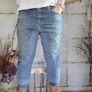 Upcycled Levis, Two tone Mixed Wash, One-of-a-Kind Patchwork Denim Jeans, low crotch, skinny leg style