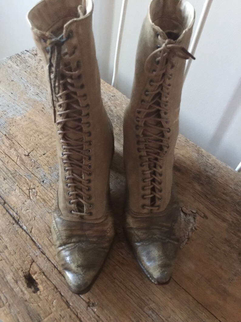 grey Edwardian Boots Witch Boots antique boots beige lace up civil war 1800s 1900s Vintage Victorian Boots steampunk boots