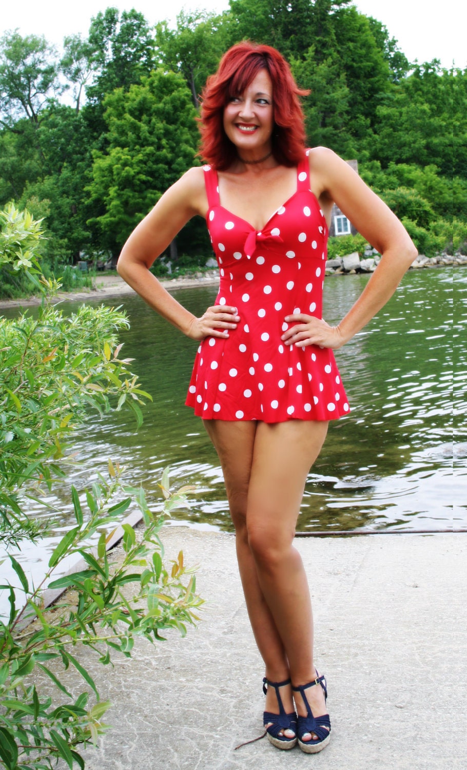Red polka dot bathing suit 50s 80s pin up bombshell maillot Etsy