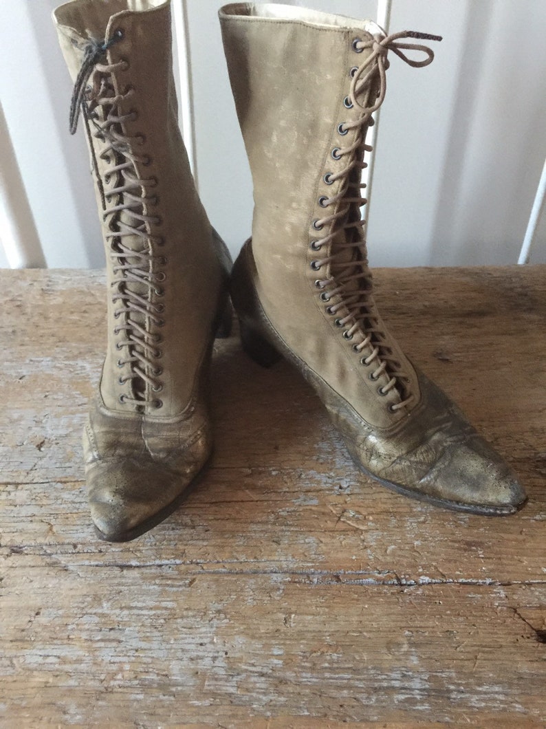 grey Edwardian Boots Witch Boots antique boots beige lace up civil war 1800s 1900s Vintage Victorian Boots steampunk boots