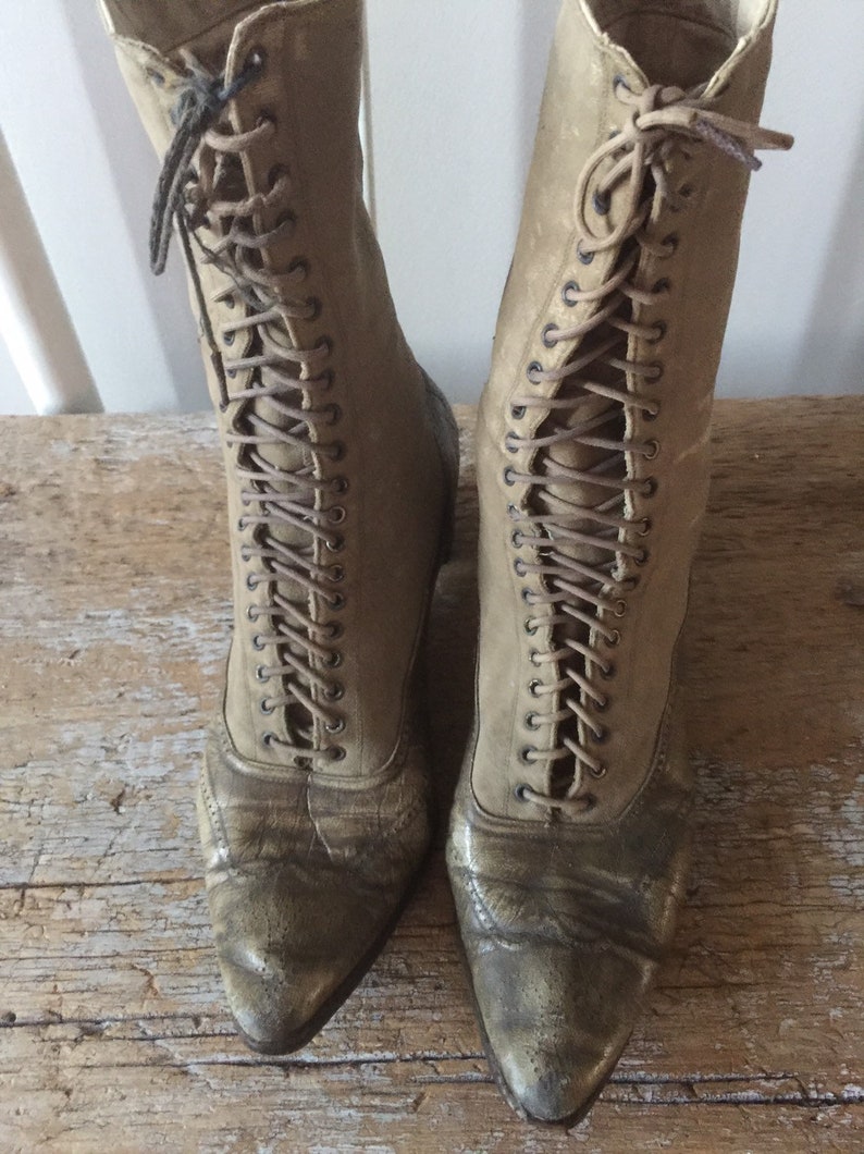grey Edwardian Boots Witch Boots antique boots beige lace up civil war 1800s 1900s Vintage Victorian Boots steampunk boots