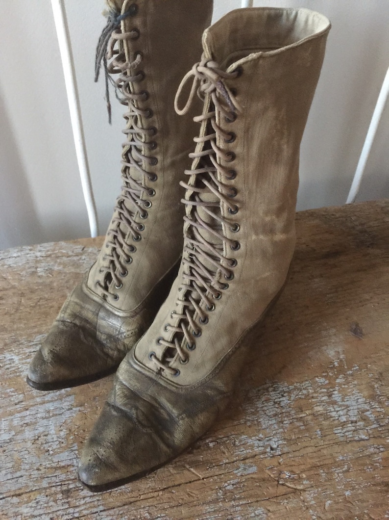 grey Edwardian Boots Witch Boots antique boots beige lace up civil war 1800s 1900s Vintage Victorian Boots steampunk boots