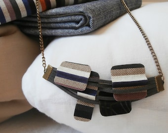 striped fabric necklace ,woven textile pieces on leather cord- free shipping to Greece