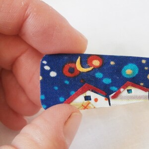 fiber art-blue textile brooch night little house-polka dot fabric-rectangle shape pin-free shipping to Greece