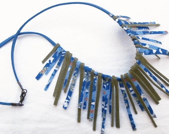 textile necklace of blue-green cotton fabric sticks-hawaiian style-free shipping to Greece