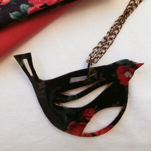 Black fabric pendant, red rose textile bird -free shipping to Greece