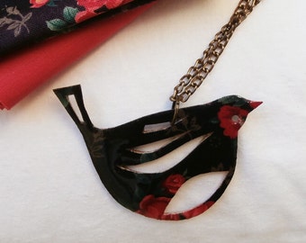 Black fabric pendant, red rose textile bird -free shipping to Greece
