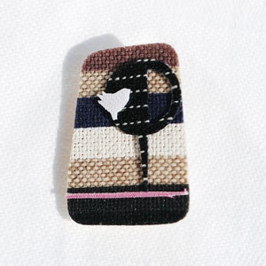fiber art-fabric brooch "bird on tree"-striped textile- rectangle shape pin-free shipping to Greece