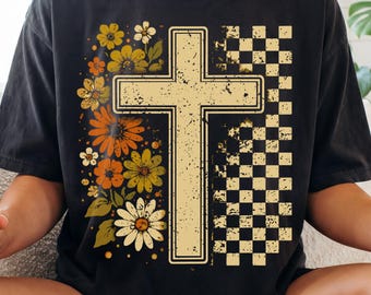Christian Cross Floral Comfort Colors Shirt, Retro Boho Cottagecore Vintage Christianity Graphic Tee, Faith Based Jesus Lovers Gifts Bible
