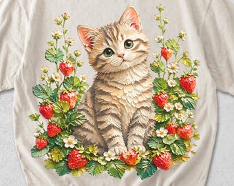 Retro Cat Strawberry Comfort Colors Shirt, 90s Vintage Acrylic Oil Painting Tshirt, Kitten Mom Graphic Tee, Floral Cottagecore Lover Gifts