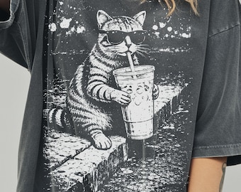 Comfort Colors Cat Drinking Iced Coffee Vintage Distressed Shirt, Funny Animal Meme Graphic Tee, Retro Y2k Cat Lover Gift For Kitten Mom Dad