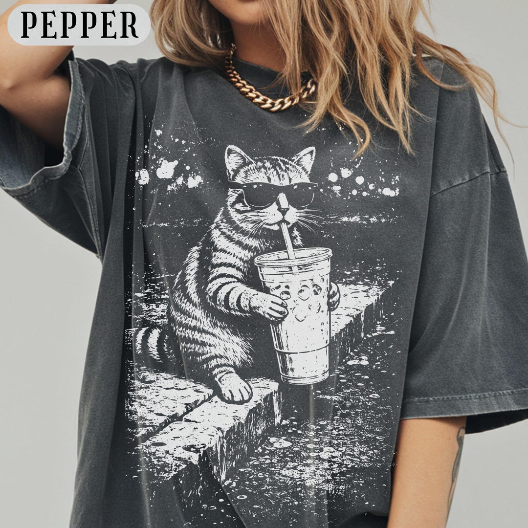 Comfort Colors Cat Drinking Iced Coffee Vintage Distressed Shirt, Funny ...