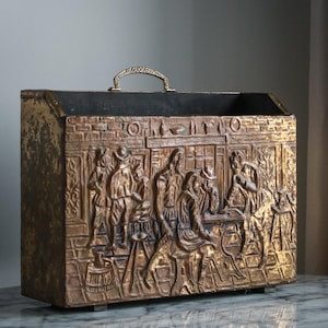 Vintage Brass Embossed Fireplace Magazine Rack – Antique Tavern Scene