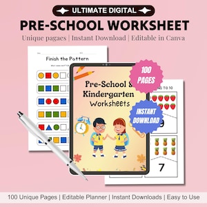 Preschool Pre-K Learning Bundle, 100 Pages, Activity Worksheets, Alphabet, Dot To Dot, Cutting, Puzzle, Tracing, Toddler Worksheets Workbook