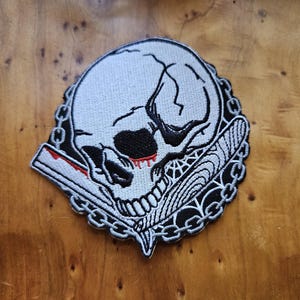 embroidered Skull and blade iron on patch | goth | patches |