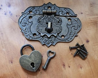 Vintage Brass Hasp & Heart Lock Hinge Set: Decorative Jewelry Box Hardware