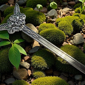 May include: A silver fantasy sword with an ornate floral design on the hilt, set amongst green moss and small stones. The sword has a long, slender blade with a detailed pattern. The scene is lit naturally, suggesting an outdoor setting.