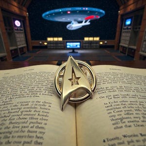 Może przedstawiać: Złoty emblemat Gwiezdnej Floty spoczywa na otwartej książce. Tło przedstawia scenerię z motywem Star Treka z modelem USS Enterprise i salą kontrolną. Scena nawiązuje do science fiction.