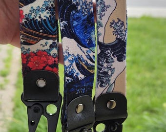 Japanese art keychains, carabiner clip, vintage japan, Wave Off Kanagawa