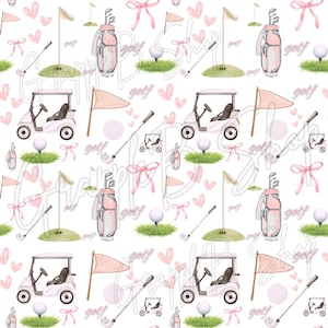May include: A repeating pattern of golf-themed illustrations on a white background. The design includes golf carts, golf bags, golf balls on tees, flags, golf clubs, and pink bows. Light pink hearts and the word "golf" are also scattered throughout.